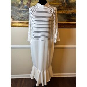 Y2K Glam White‎ Striped Mesh High Neck Mermaid Ruffle Bodycon Midi Dress